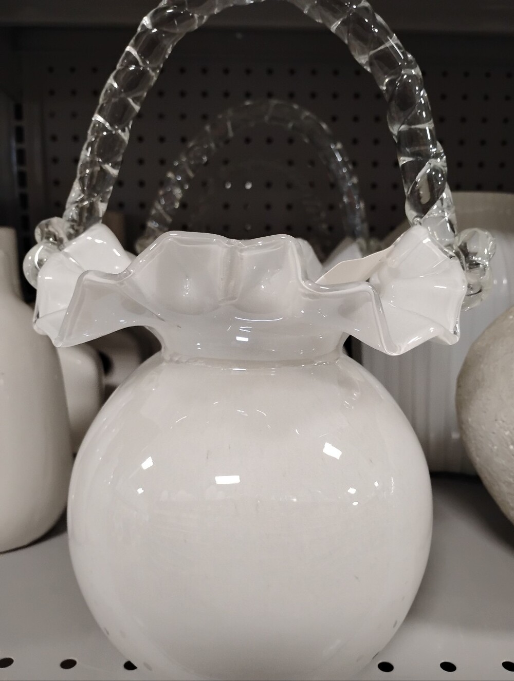 New White Glass Ruffled Basket Vase - Brand Not Visible